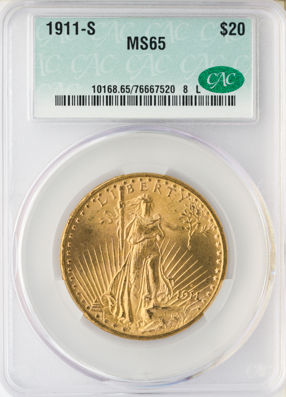 1911-S $20 Saint Gaudens CAC MS65