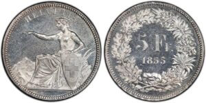 1855 Swiss 5 Francs issued by Solothurn
