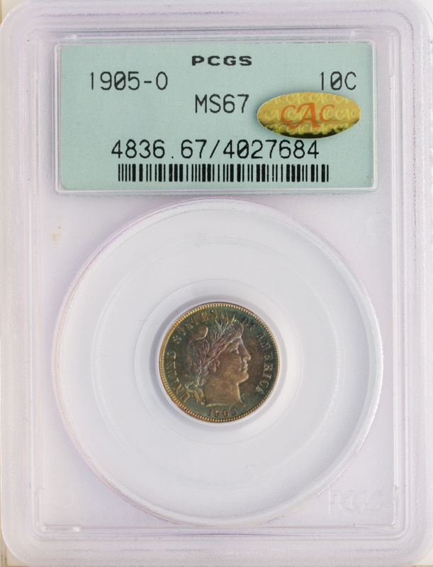 1905-O Barber Dime PCGS MS67 CAC Gold