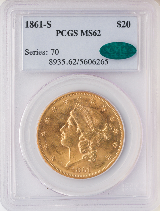 1861-S $20 Liberty PCGS MS62 CAC