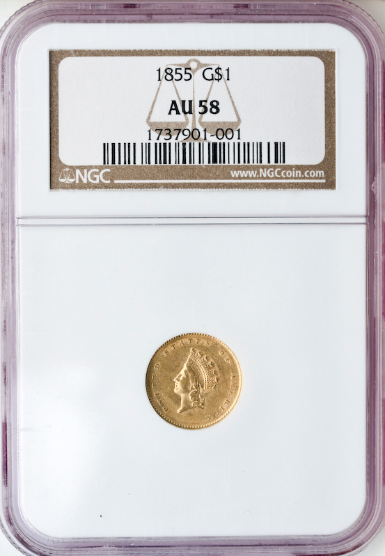 1855 Gold $1 Ty2 NGC AU58