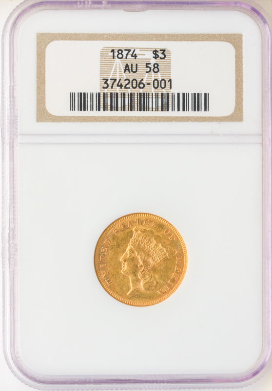 1874 $3 Gold NGC AU58