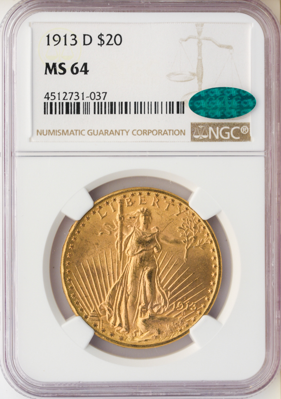 1913-D $20 Saint Gaudens NGC MS64 CAC