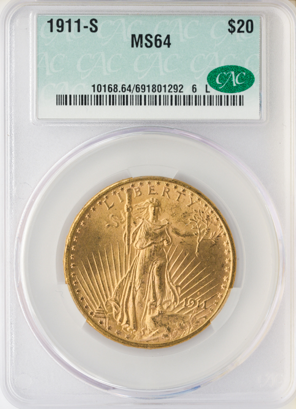1911-S $20 Saint Gaudens CACG MS64