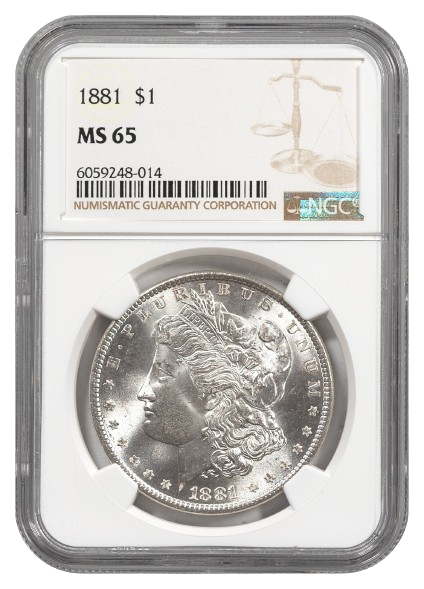 1881 Morgan Dollar obverse slab NGC MS65