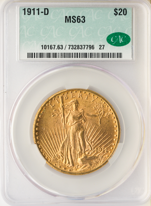 1911-D $20 Saint Gaudens CACG MS63