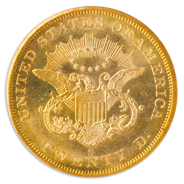 1857-S $20 Liberty SSCA Narrow Serif PCGS MS61 CAC