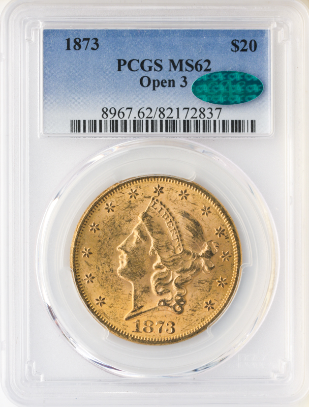 1873 $20 Liberty Open 3 PCGS MS62 CAC