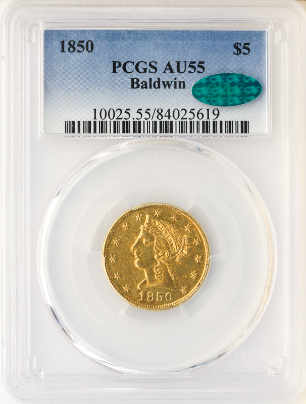 1850 $5 Baldwin California Gold Territorial PCGS AU55 CAC