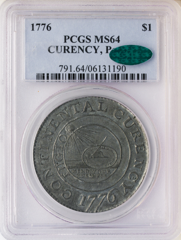 1776 Pewter Continental Dollar Curency PCGS MS64 CAC