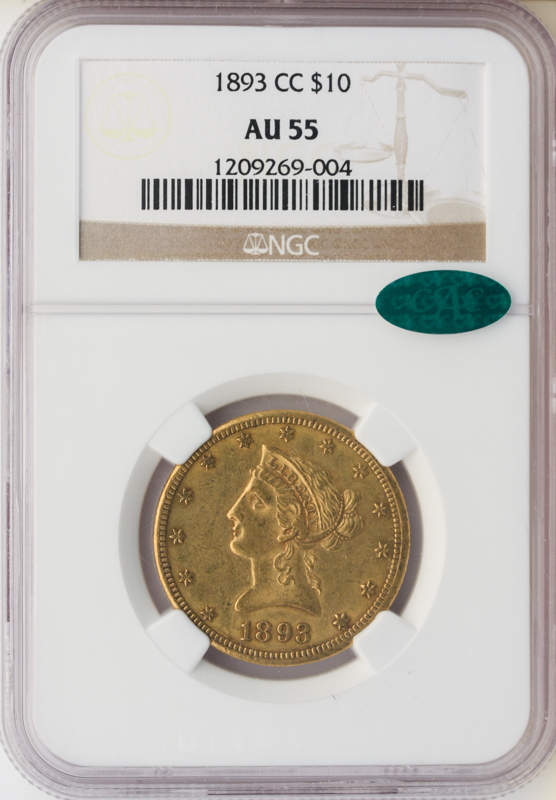 1893-CC $10 Liberty slabbed obverse.