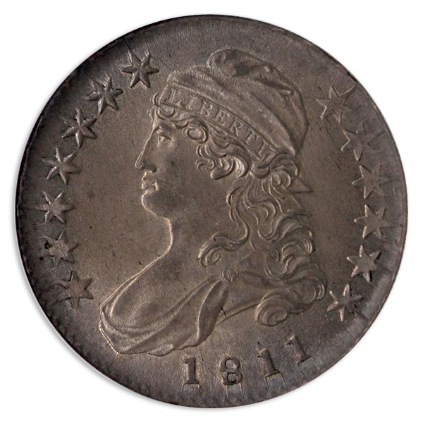 1811 Capped Bust Half Dollar obverse image on transparent background. Graded MS65.