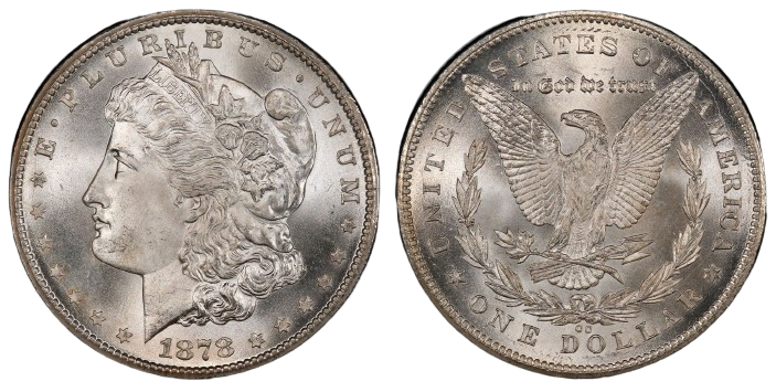 1878 Morgan Dollar CC obverse and reverse on transparent background