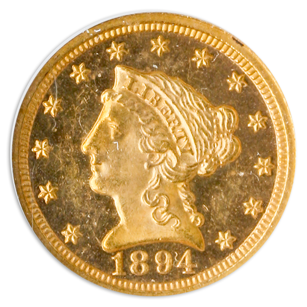 1894 $2.5 Liberty Head obverse image on transparent background.
