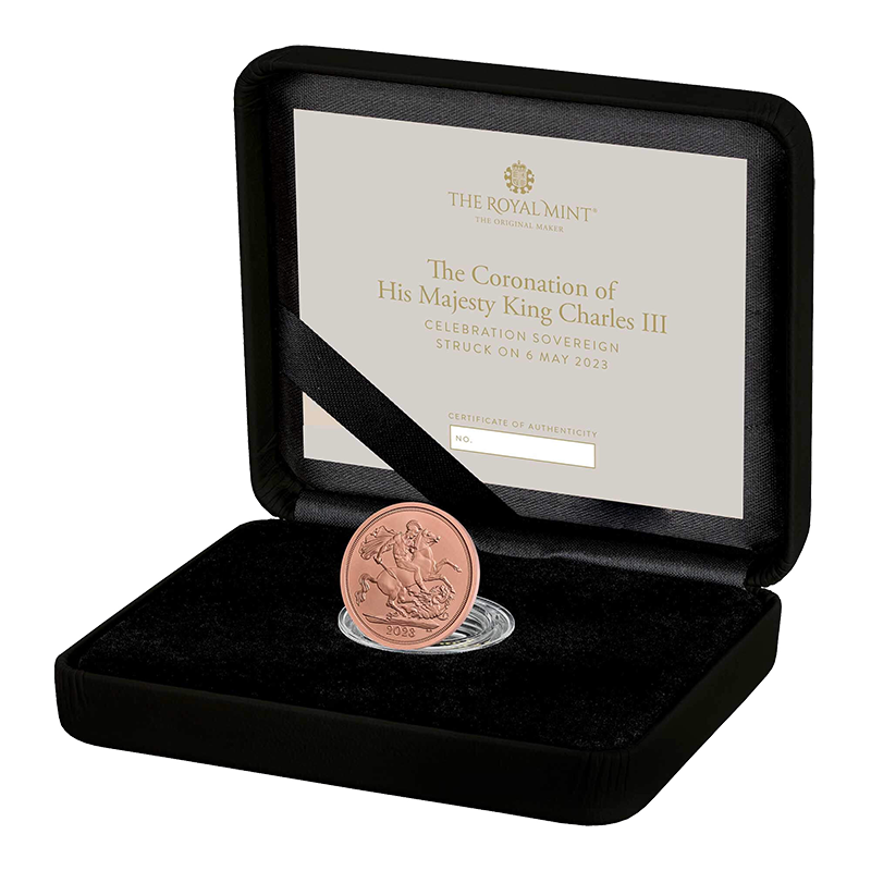 2023 Day of Coronation gold sovereign. Coin is in black velvet display box, with white card