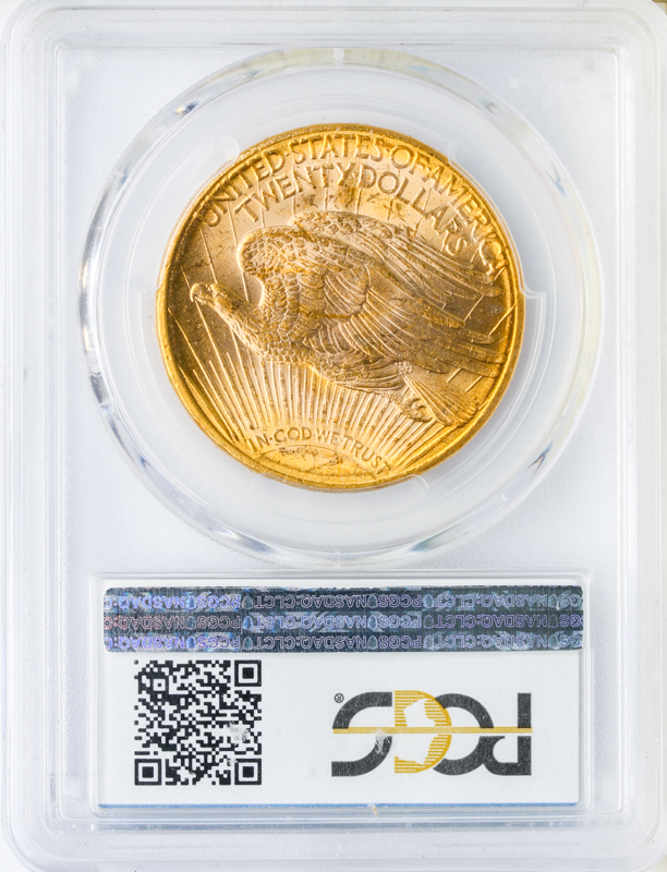 1922-S $20 Saint Gaudens reverse slabbed image. Graded MS63.