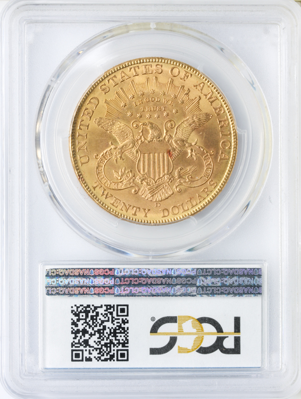 1907-D $20 Liberty slabbed reverse image. Graded MS65.