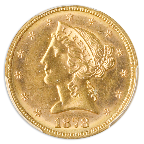 1878-S $5 Liberty obverse image on transparent background. Graded MS63.