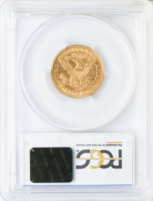 1878-S $5 Liberty slabbed reverse image. Graded MS63.