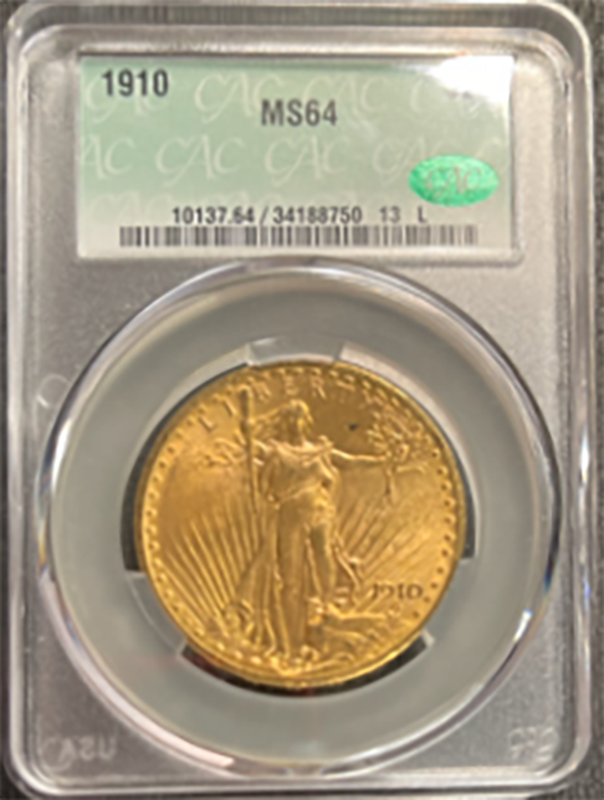 1910 $20 Saint Gaudens slabbed obverse. Graded MS64.