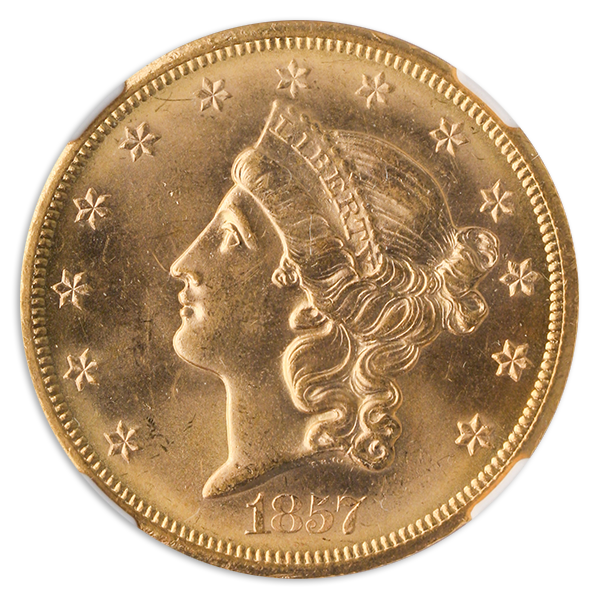 1857-S $20 Liberty NGC MS64 CAC