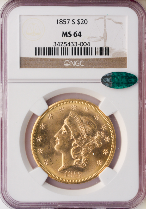 1857-S $20 Liberty NGC MS64 CAC