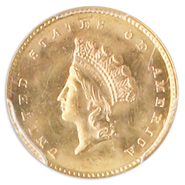 1856-S Type II Gold $1 coin obverse image on transparent background.