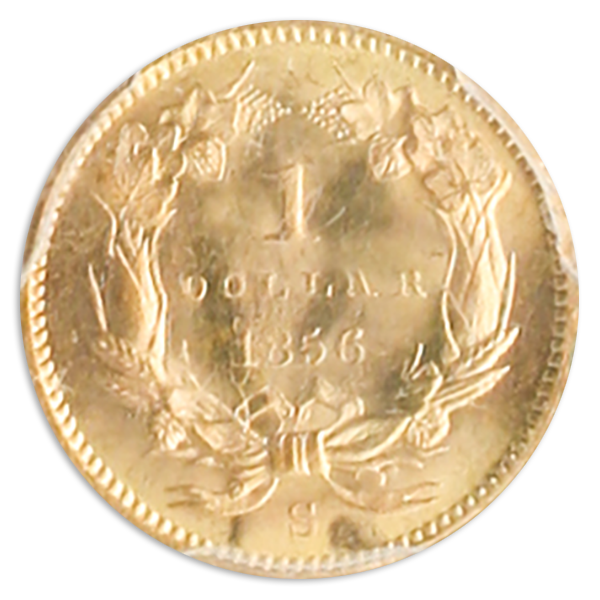 1856-S Type II Gold $1 coin reverse image on transparent background. Coin features "S" Mint Mark under wreath
