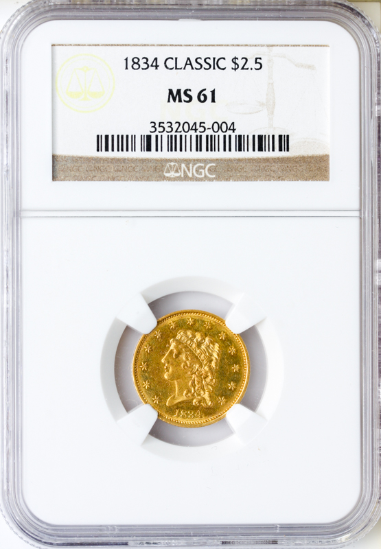 1834 $2 1/2 Classic NGC MS61