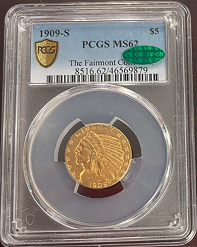 1909-S $5 Indian slabbed obverse image. Graded MS62.