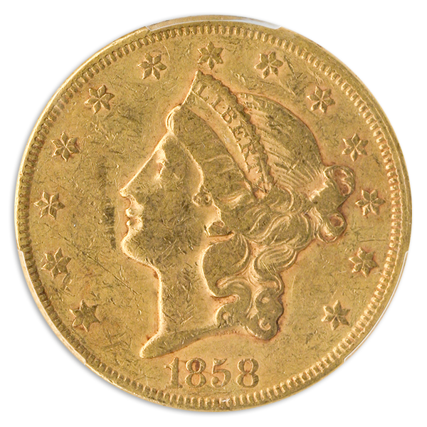 1858 $20 Liberty loose obverse on transparent background.