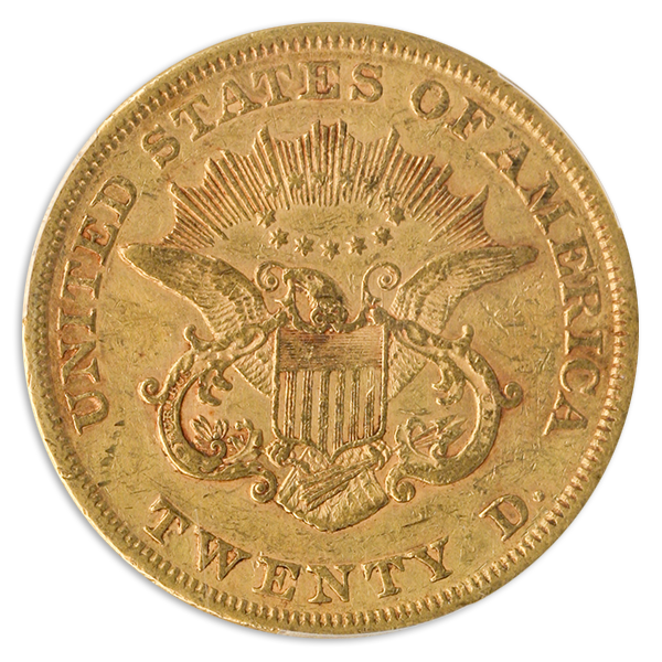 1858 $20 Liberty loose reverse on transparent background.
