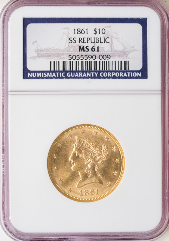 S.S. Republic recovered 1861 $10 Gold Liberty obverse slab. NGC MS61 Graded Label with S.S. Republic ship in background