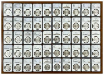 50-piece Morgan Dollar coins set certified by NGC as MS63 grade.