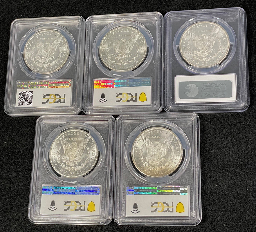 5-piece morgan dollar set with CC mint mark. Reverse slab images