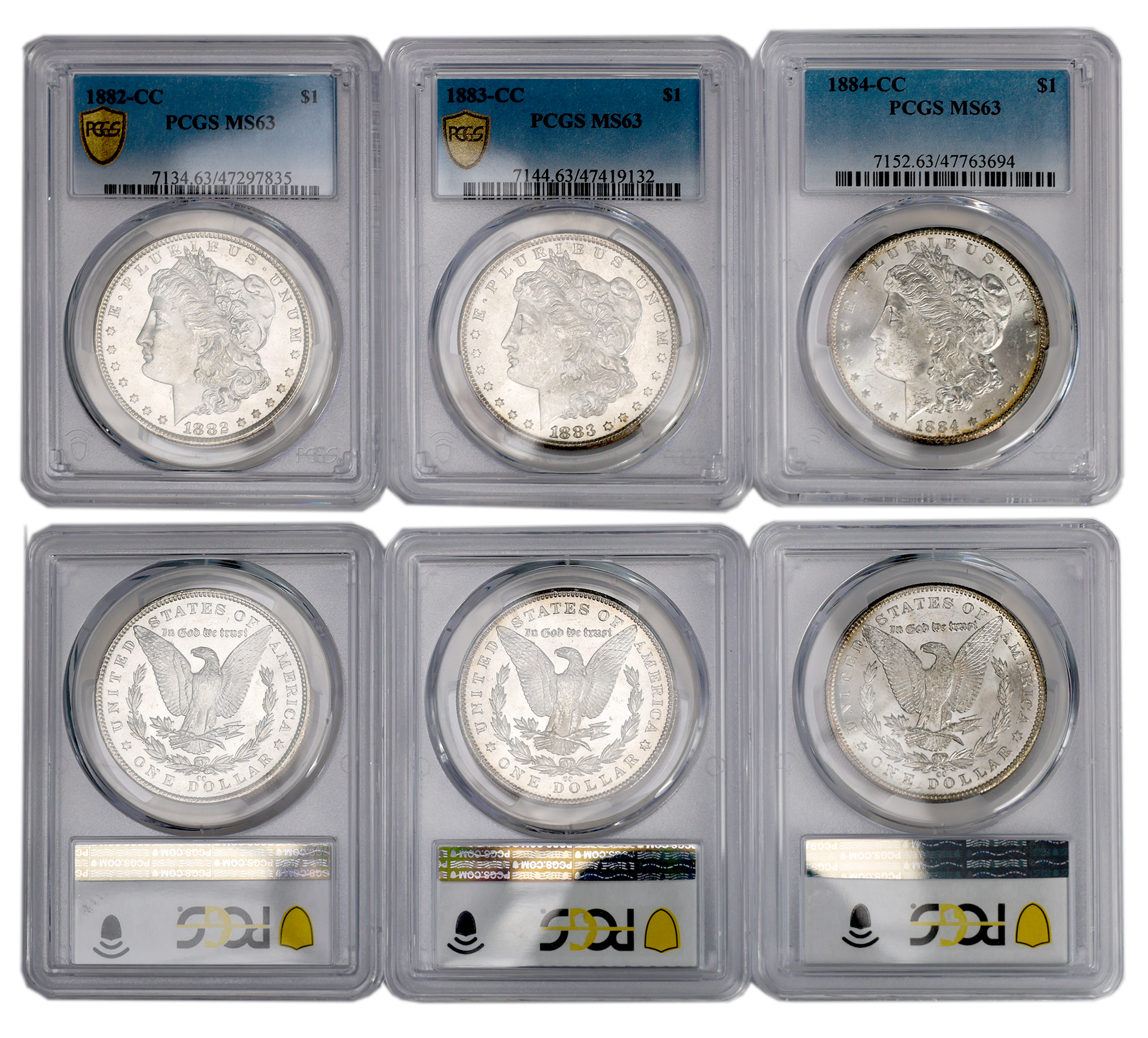 3-Piece Morgan Dollar-CC Set 1882-1884 PCGS MS63