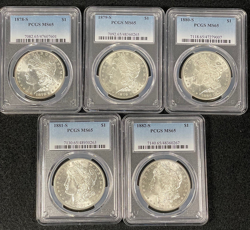 5-Piece Morgan Dollar set. Slabbed obverse coins with S-mint mark