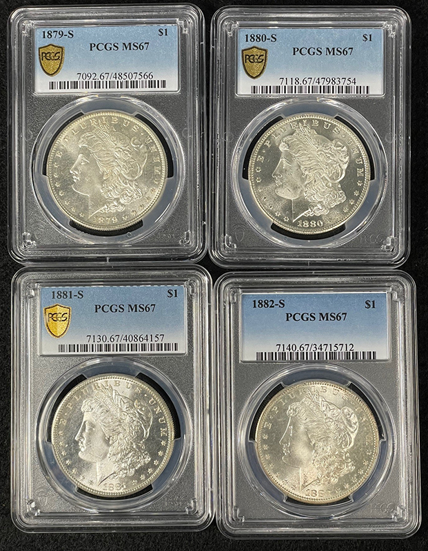 4-piece Morgan Dollar Set. Obverse slabs. San Francisco mint mark