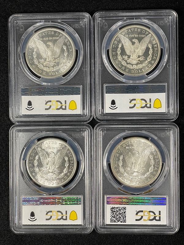 4-piece Morgan Dollar set. Reverse slabs. San Francisco Mint Mark