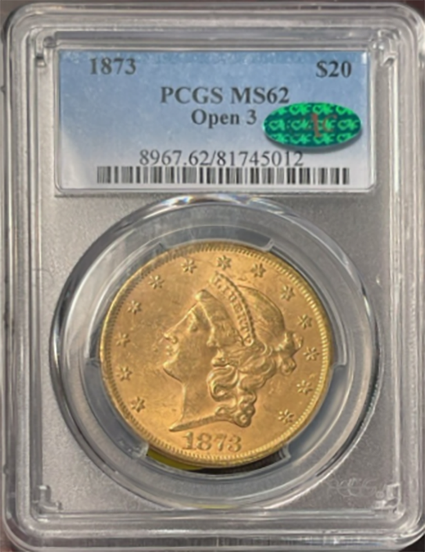 1873 $20 Liberty Open 3 PCGS MS62 CAC