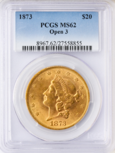 1873 $20 Liberty Open 3 PCGS MS62