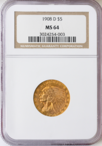 1908-D $5 Indian NGC MS64