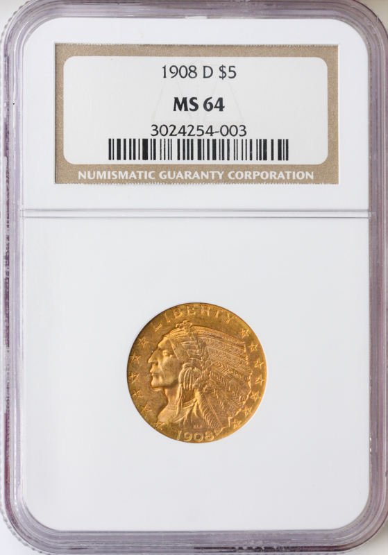 $5 INDIAN 1908-D NGC