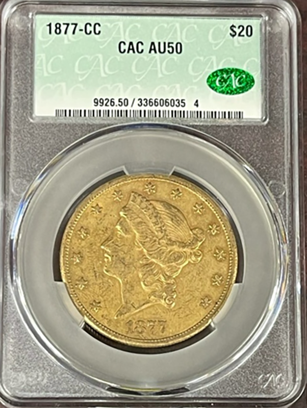1877-CC $20 Liberty CACG AU50