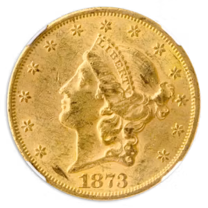 1873 $20 Liberty Open 3 NGC AU55 CAC