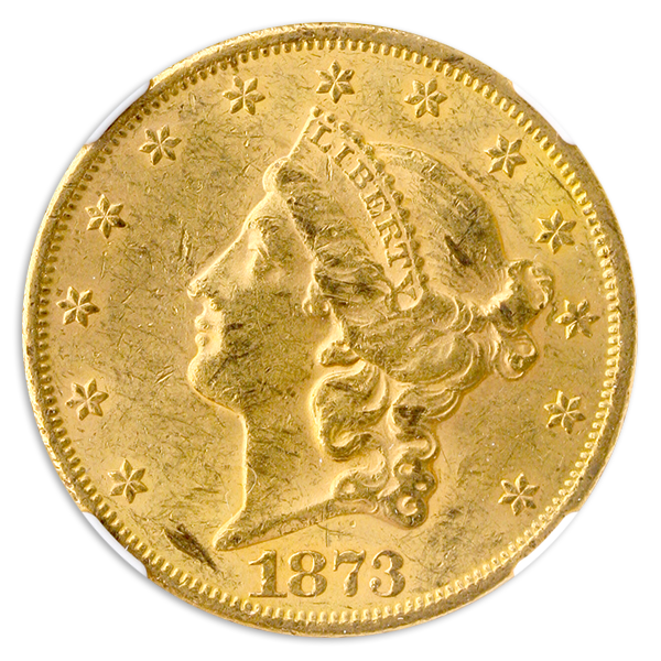 1873 $20 Liberty Open 3 NGC AU55 CAC