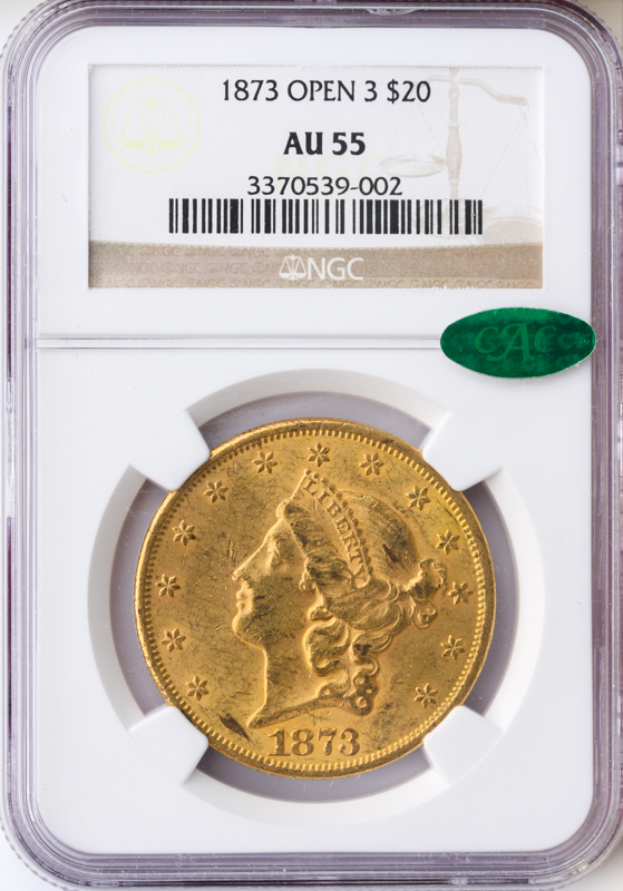 1873 $20 Liberty Open 3 NGC AU55 CAC 1873 $20 Liberty Open 3 NGC AU55 CAC