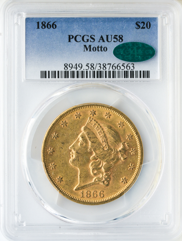 1866 $20 Liberty Ty 2 With Motto PCGS AU58 CAC