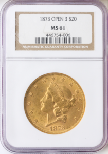 1873 $20 Liberty Open 3 Gold Coin NGC MS61