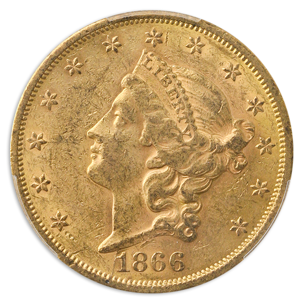 1866 $20 Liberty Type 2 With Motto PCGS AU55 CAC